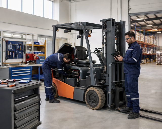 Service technicians inspecting and maintaining an industrial forklift