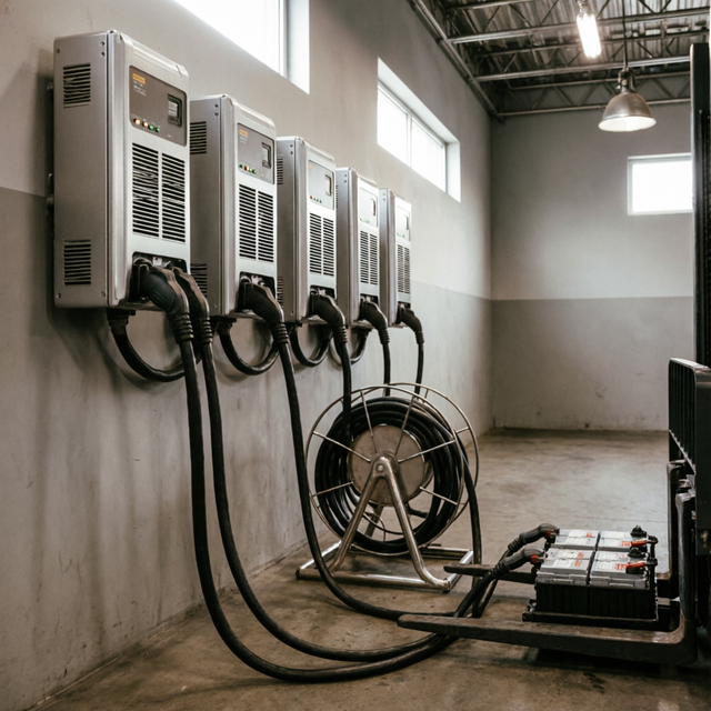 Forklift battery charger units in a charging bay