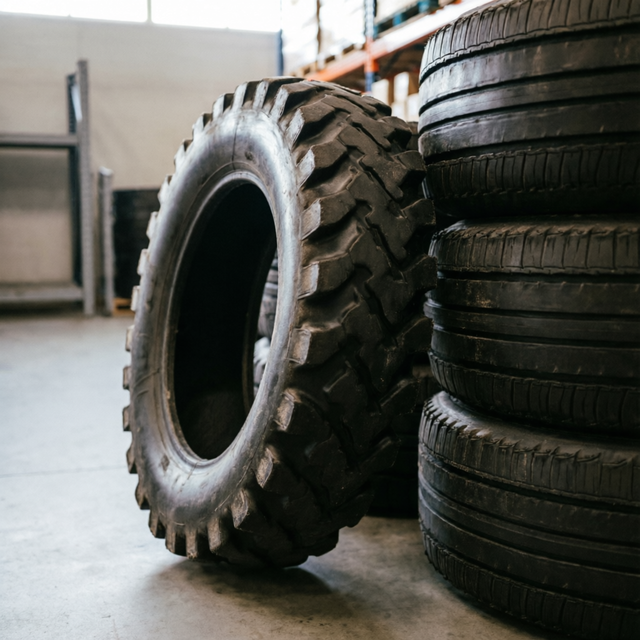 Industrial forklift tyres stacked in a parts store
