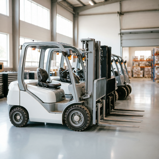 Row of forklifts ready for dispatch in a rental depot