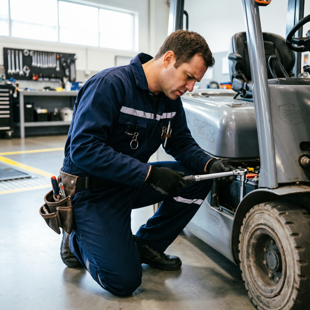 Technician performing scheduled forklift maintenance