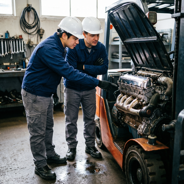 Technicians troubleshooting a forklift engine