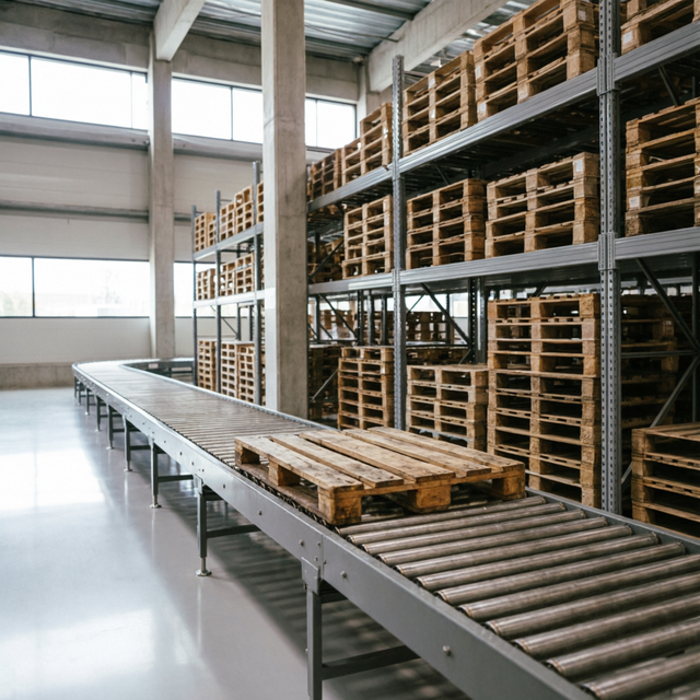 Warehouse conveyor line between pallet racking