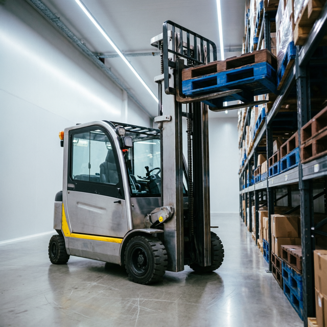 Reach truck retrieving a pallet from warehouse racking