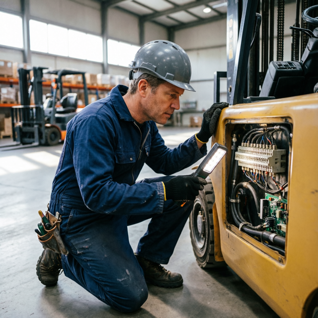 Technician servicing a forklift in a workshop